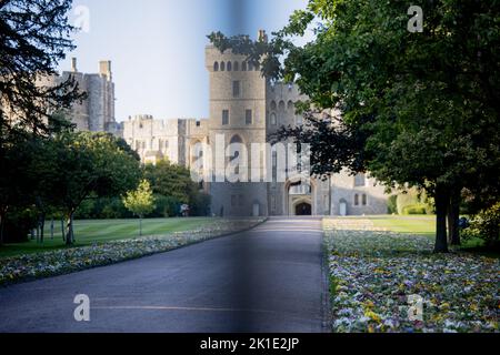 Windsor, Regno Unito. 17th Set, 2022. I fiori visti si posano sul lato del vialetto che conduce al Castello di Windsor. Folle di pianti e benestanti provenienti da tutto il mondo continuano a venire al Castello di Windsor per rendere omaggio alla Regina Elisabetta II, morta il 8th settembre 2022. Credit: SOPA Images Limited/Alamy Live News Foto Stock