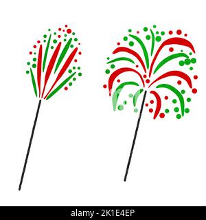 Acquerello illustrazione disegnata a mano di fuochi d'artificio rossi verdi cracker di fuoco. Natale nuovo anno festa festa festa festa, moderna notte vivace festival, saluto congratulazioni Foto Stock