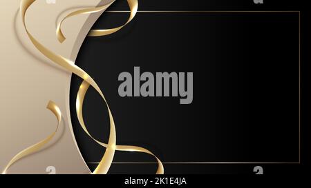 Astratto modello di lusso 3D forma curva dorata con decorazione arricciata in nastro d'oro su sfondo nero. Illustrazione vettoriale Illustrazione Vettoriale