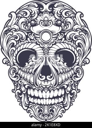 Classico lusso testa del cranio ornamento monocromatico vettoriale illustrazioni per il vostro logo di lavoro, t-shirt merchandise, adesivi e disegni di etichette, poster Illustrazione Vettoriale