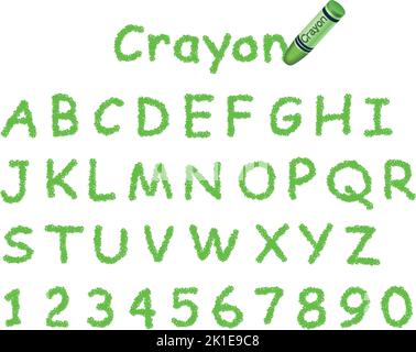 Font Crayon verde vettoriale isolato su sfondo bianco. Maiuscole e numeri. Illustrazione Vettoriale