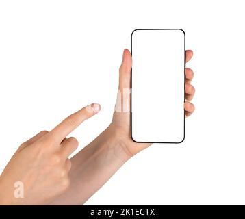 L'indice indica il mockup del telefono isolato su sfondo bianco. Modello Android con display vuoto. Donna che presenta i dati nello smartphone. Alto qual Foto Stock