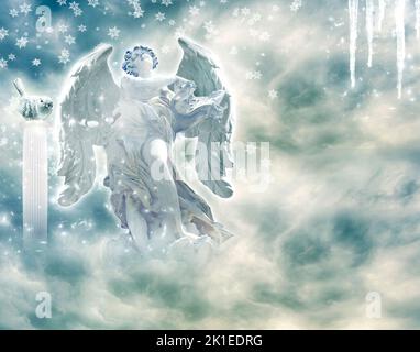 bellissimo angelo arcangelo su cielo mistico con galassia e stelle sfondo e con spazio copia Foto Stock