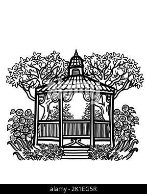 Un gazebo di cedro in giardino di rose con piante e alberi nel cortile. Isolato su sfondo bianco con uno spazio di copia. Natura all'aperto e parchi concetto. Foto Stock