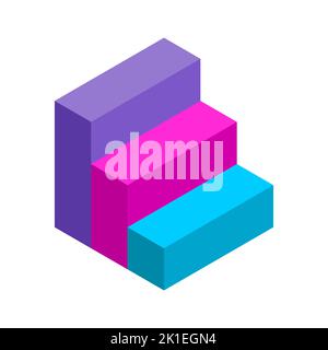 3D scale colorate. Modello infografico in tre fasi. Oggetto scala isometrica. Elementi di design blu, rosa e viola. Successo e successo. Vettore Illustrazione Vettoriale