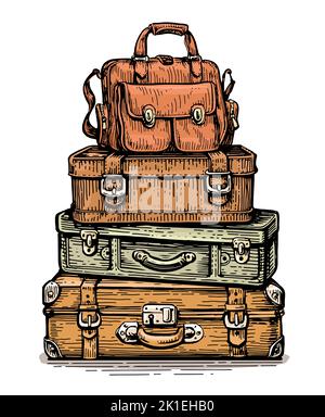 Pila di valigie d'epoca. Valigette colorate impilate, borse da viaggio, bagagli con serrature e maniglie. Concetto di vacanza Illustrazione Vettoriale