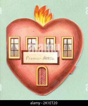 Biglietto d'auguri Chromolithographed per il 1st aprile (Premier Avril) mostrando un cuore come una casa aflame con amore circa 1905 Foto Stock