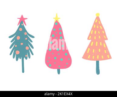 Set vettoriale di alberi di Natale carino acquerello dipinto a mano per la creazione di scheda. Illustrazione Vettoriale