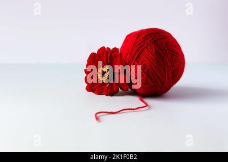 Una palla rossa di filo e un fiore di tsinia su uno sfondo verde per lavorare a maglia rosso caldo cose Foto Stock