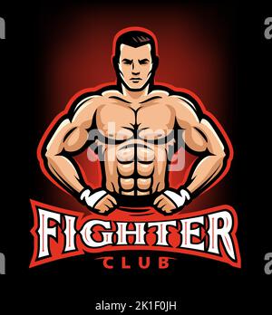 MMA Muscular fighter con guanti da boxe. Logo Fight club. Illustrazione vettoriale di emblema di arti marziali miste Illustrazione Vettoriale