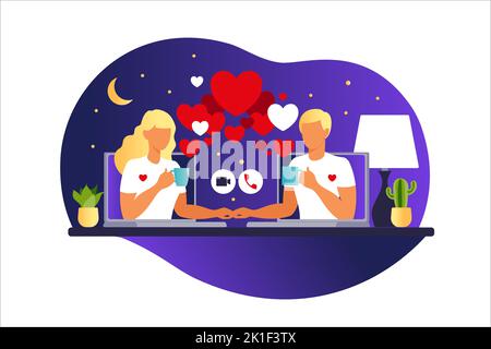 Giovane coppia in una chat online. Relazioni virtuali e online dating e concetto di social networking. Incontri online. Uomo e donna innamorati. Illustrazione Vettoriale