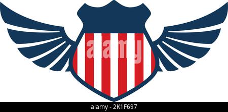 Modello emblema con bandiera americana e ali. Elemento di design per emblema, insegna, badge, logo. Illustrazione vettoriale Illustrazione Vettoriale