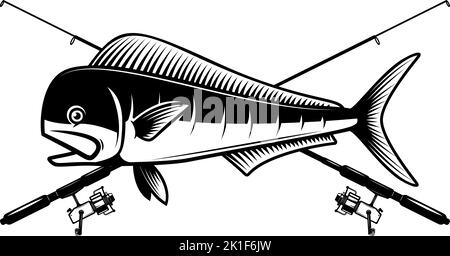 Canne da pesca incrociate con pesce mahy mahy. Elemento di design per poster, scheda, banner. Illustrazione vettoriale Illustrazione Vettoriale