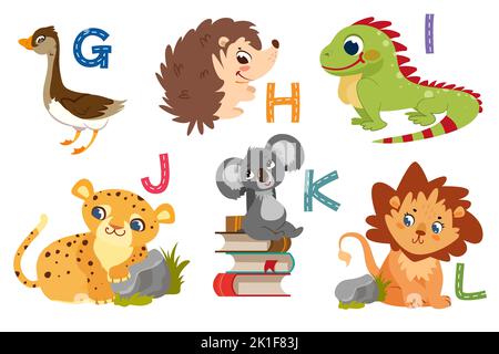 Alfabeto inglese con animali piatti carini per l'educazione dei bambini. Lettere con personaggi animali divertenti da G a L. Bambini design set per imparare a incantare con la collezione di cartoni animati zoo. Illustrazione Vettoriale
