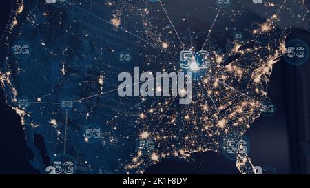 Tecnologia 5G con la mappa del mondo nel backghround Foto Stock