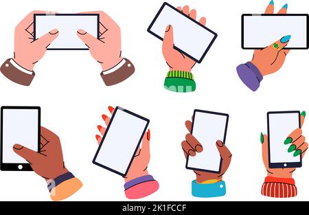 Donne e uomini che tengono in mano smartphone con schermo bianco. Smartphone con schermo vuoto. Toccare con le mani e scorrere le schermate dello smartphone. Illustrazione Vettoriale