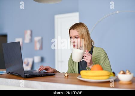 Giovane donna che fa colazione o pranzo a casa con il suo portatile in cucina. Foto Stock