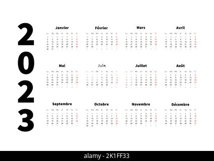 2023 anni semplice calendario orizzontale in lingua francese, calendario tipografico isolato su bianco Illustrazione Vettoriale