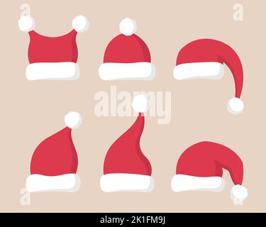 Collezione di cappelli Babbo Natale rossi piatti con pelliccia bianca. Cappellini di Natale e decorazioni. Illustrazione vettoriale. Illustrazione Vettoriale