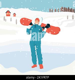 Una donna in abiti caldi tiene uno snowboard.Snowboard. Attività invernale. Sport invernali. Illustrazione Vettoriale