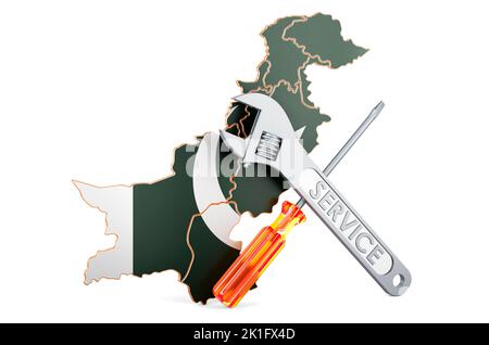 Mappa pakistana con cacciavite e chiave, 3D rendering isolato su sfondo bianco Foto Stock