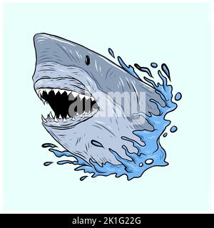 Mascotte vettore squalo cartoon . Arrabbiato sorriso e denti spaventosi. Grande carattere squalo bianco, mare e animale marino o mostro marino subacqueo con fa male Foto Stock