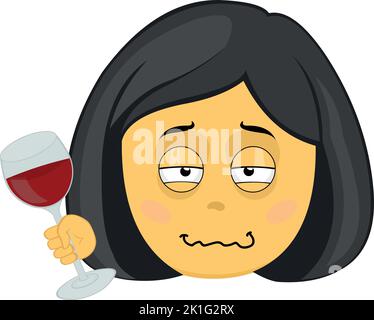 Immagine vettoriale emoji del volto di una donna fumettistica ubriaca con un bicchiere di vino Illustrazione Vettoriale