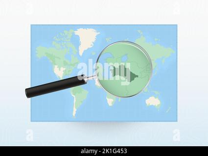 Mappa del mondo con una lente d'ingrandimento rivolta al Turkmenistan, cercando il Turkmenistan con loupe. Mappa vettoriale. Illustrazione Vettoriale