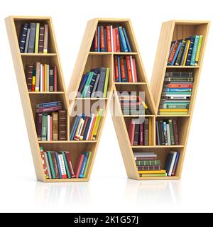 Lettera W in forma di scaffale con libri e libri di testo. Carattere e alfabeto concettuale educativo e di apprendimento. illustrazione 3d Foto Stock