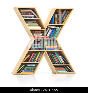 Lettera X in forma di scaffale con libri e libri di testo. Carattere e alfabeto concettuale educativo e di apprendimento. illustrazione 3d Foto Stock