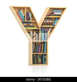 Lettera Y in forma di scaffale con libri e libri di testo. Carattere e alfabeto concettuale educativo e di apprendimento. illustrazione 3d Foto Stock