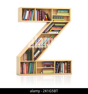 Lettera Z in forma di scaffale con libri e texbooks. Carattere e alfabeto concettuale educativo e di apprendimento. illustrazione 3d Foto Stock