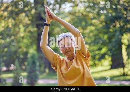 Donna asiatica più anziana attiva in sportswear chiudere gli occhi meditando nel parco estivo con le palme sollevate piegate fa esercizi di stretching, fare yoga fuori Foto Stock