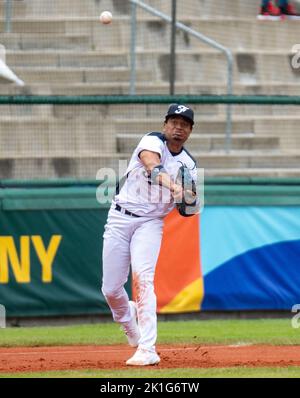 Regensburg, Baviera, Germania. 18th Set, 2022. Il terzo baseman francese YEIXON RUIZ (2) si lancia al primo posto nella qualificazione World Baseball Classic contro la Repubblica Ceca nella Armin Wolf Baseball Arena di Ratisbona, Germania. (Credit Image: © Kai Dambach/ZUMA Press Wire) Foto Stock