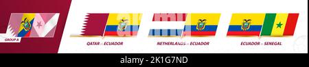 Partite della squadra di calcio dell'Ecuador nel gruppo A del torneo internazionale di calcio 2022. Set di icone Sport Vector. Illustrazione Vettoriale