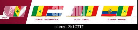Partite della squadra di calcio del Senegal nel gruppo A del torneo internazionale di calcio 2022. Set di icone Sport Vector. Illustrazione Vettoriale