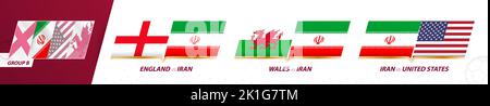 Partite della squadra di calcio iraniana nel gruppo B del torneo internazionale di calcio 2022. Set di icone Sport Vector. Illustrazione Vettoriale
