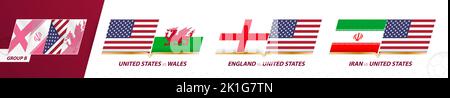 Partite della squadra di calcio degli Stati Uniti nel gruppo B del torneo internazionale di calcio 2022. Set di icone Sport Vector. Illustrazione Vettoriale