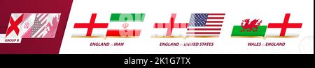 Partite della squadra di calcio inglese nel gruppo B del torneo internazionale di calcio 2022. Set di icone Sport Vector. Illustrazione Vettoriale