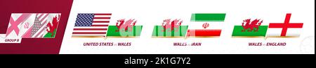 Partite della squadra di calcio del Galles nel gruppo B del torneo internazionale di calcio 2022. Set di icone Sport Vector. Illustrazione Vettoriale