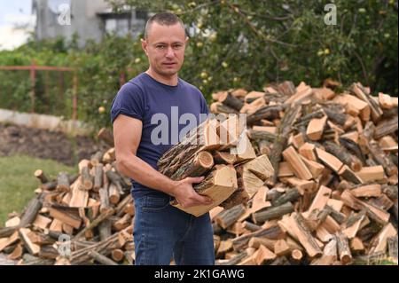 Legna da ardere nelle mani di un uomo. Foto Stock