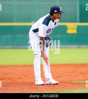 Regensburg, Baviera, Germania. 18th Set, 2022. Francia il terzo baseman YEIXON RUIZ (2) si piega durante il qualificatore World Baseball Classic contro la Repubblica Ceca nella Armin Wolf Baseball Arena di Ratisbona, Germania. (Credit Image: © Kai Dambach/ZUMA Press Wire) Foto Stock