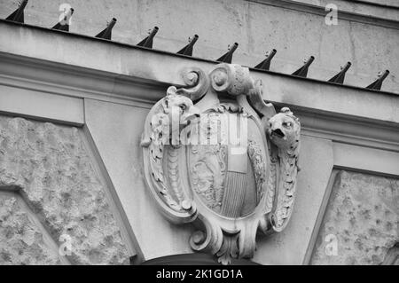 Un primo piano in scala di grigi di ornamenti sulla facciata della Biblioteca Nazionale austriaca a Vienna, Austria Foto Stock