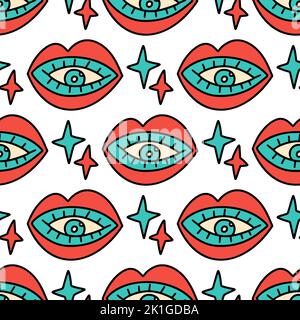 70s 80s motivo vettoriale groovy retrò senza cuciture. Occhio di cartone animato labbra retro estate psichedelico funky sfondo carino Illustrazione Vettoriale