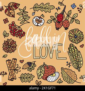 Autunno amore biglietto di auguri per l'autunno. Illustrazione del vettore di raccolta Doodle Illustrazione Vettoriale
