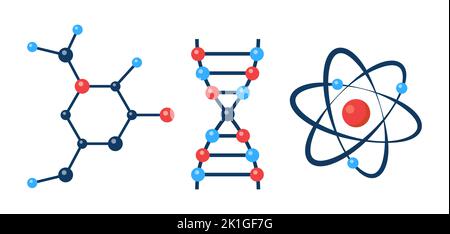 Atomo, molecola di sostanza organica, frammento di catena di DNA. Set di icone scientifiche. Ricerca chimica. Concetto di esperimento scientifico. Illustrazione vettoriale Illustrazione Vettoriale
