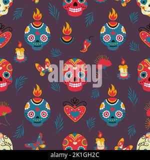 Day of Dead modello senza cuciture con cranio e fiori. Stampe messicane floreali gotiche, texture vintage dello scheletro Halloween. Oggi vettore cartone animato zucchero Illustrazione Vettoriale