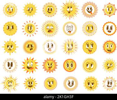 Elementi Sun Faces. Sole mattutino, simpatici e felici sun di cartone animato. Caratteri impressionabili isolati primavera estate, giallo divertente snugly grafica vettoriale icone Illustrazione Vettoriale