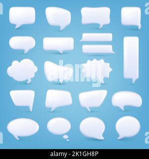 Forme a bolla bianca 3D. Palloncini e quadrati di messaggi diversi. Fumetti dialogo vuoti modelli vuoti. Virgoletta vuota o pensiero pia vettore di chat Illustrazione Vettoriale