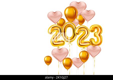 Palloncini a cuore rosa Felice anno nuovo 2023, numeri di foglio d'oro, palloncini in oro bianco Illustrazione Vettoriale